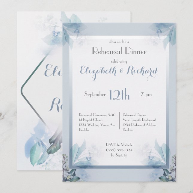 Invitación Cena floral azul polvorienta del ensayo de la (Anverso / Reverso)