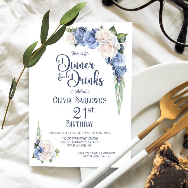 Invitación Cena floral blanca azul y bebidas 21 cumpleaños (Subido por el creador)
