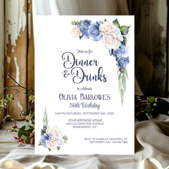 Invitación Cena floral Blue White Rose y bebidas Cumpleaños (Subido por el creador)