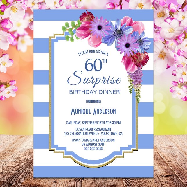 Invitación Cena floral con rayas azules en el cumpleaños 60 d (Subido por el creador)