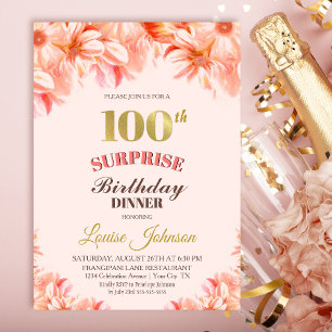 Invitación Cena floral de oro rosado de 100 cumpleaños sorpre