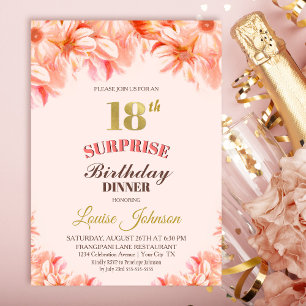 Invitación Cena floral de oro rosado de 18 cumpleaños sorpren
