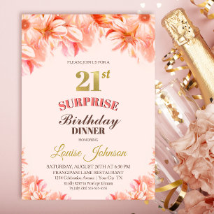 Invitación Cena floral de oro rosado de 21 cumpleaños sorpren