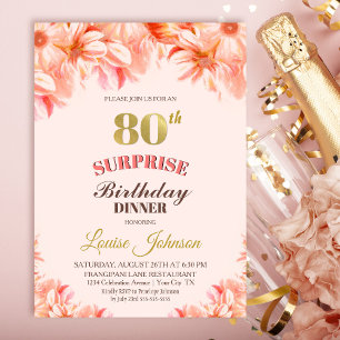 Invitación Cena floral de oro rosado de 80 cumpleaños sorpren