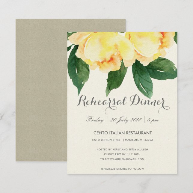 INVITACIÓN CENA FLORAL DEL ENSAYO DE LA ACUARELA AMARILLA (Anverso / Reverso)