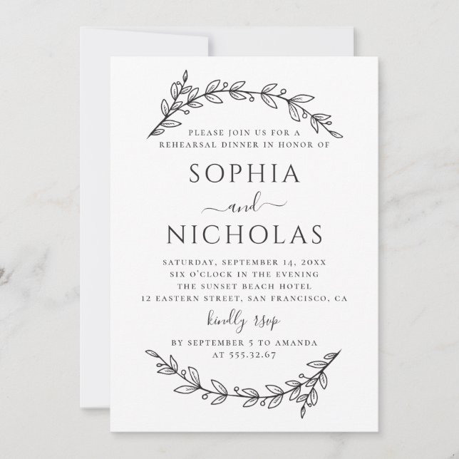Invitación Cena floral elegante en blanco y negro (Anverso)