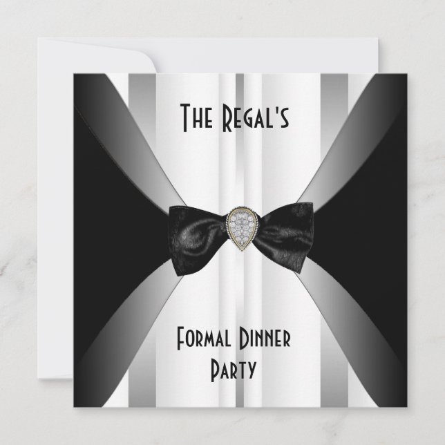 Invitación Cena Formal Bow Negro Blanco Plata (Anverso)