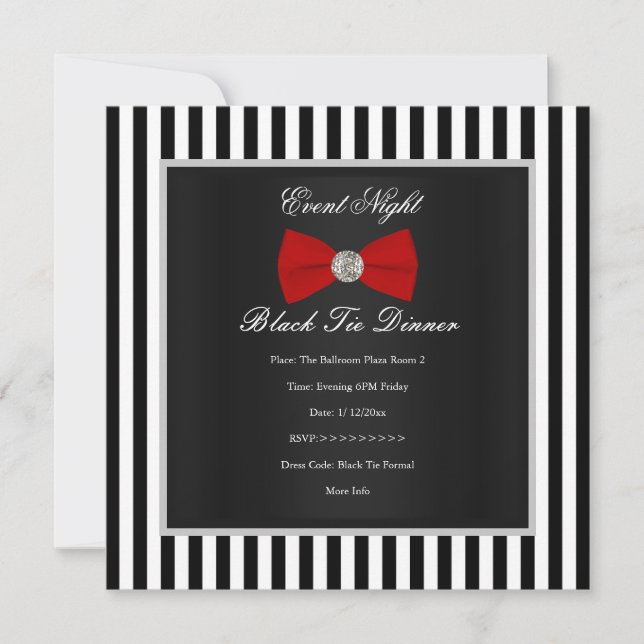 Invitación Cena Formal de Corbata Negra Rojo Negro Blanco Ray (Anverso)