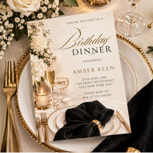 Invitación Cena formal de cumpleaños en negro elegante y dora