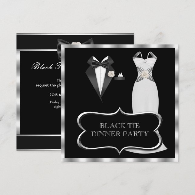 Invitación Cena formal Fiesta blanco negro (Anverso / Reverso)