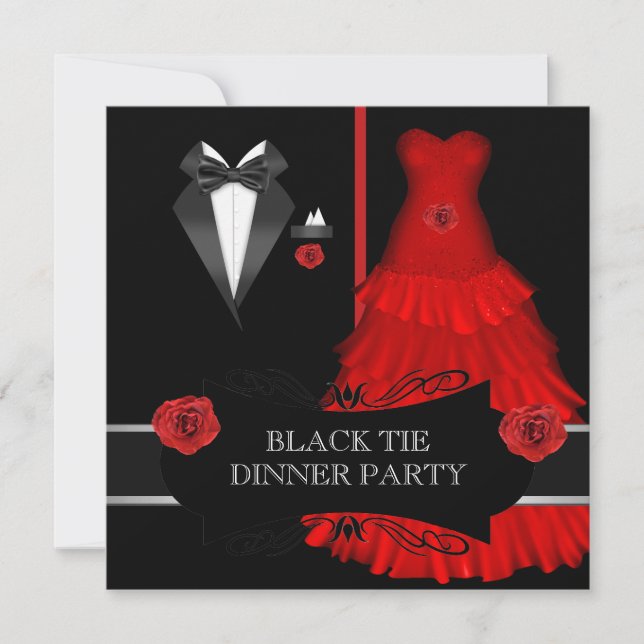 Invitación Cena formal Fiesta blanco negro taco rojo 2 (Anverso)