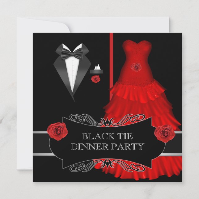 Invitación Cena formal Fiesta Blanco Negro Tie Rojo 2a (Anverso)