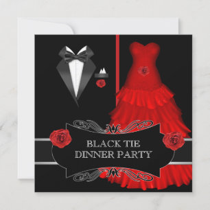 Invitación Cena formal Fiesta Blanco Negro Tie Rojo 2a