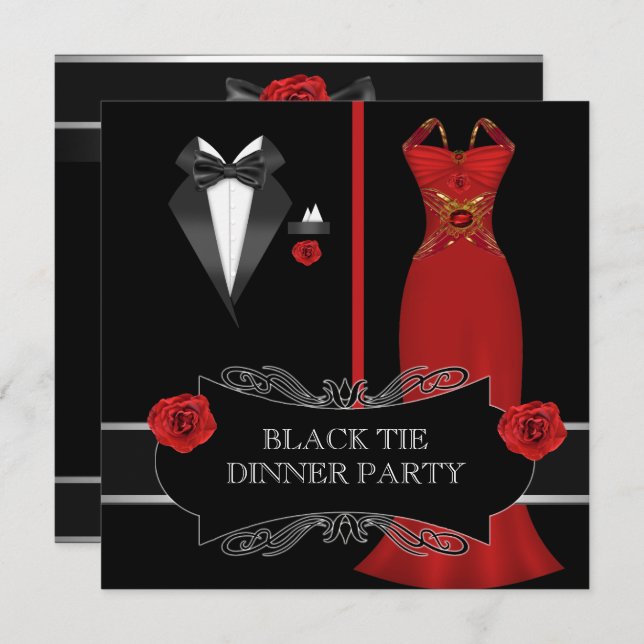 Invitación Cena formal Fiesta Blanco Negro Tie Rojo 2B (Anverso / Reverso)