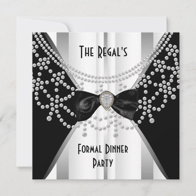Invitación Cena Formal Negro Blanco Plata Bow (Anverso)