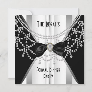 Invitación Cena Formal Negro Blanco Plata Bow