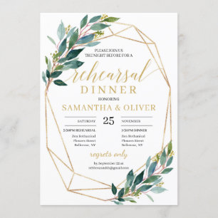 Invitación Cena geométrica de oro de eucalipto verde