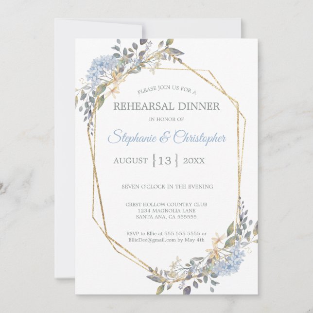 Invitación Cena Geométrica Dorada Dusty Blue Florals (Anverso)