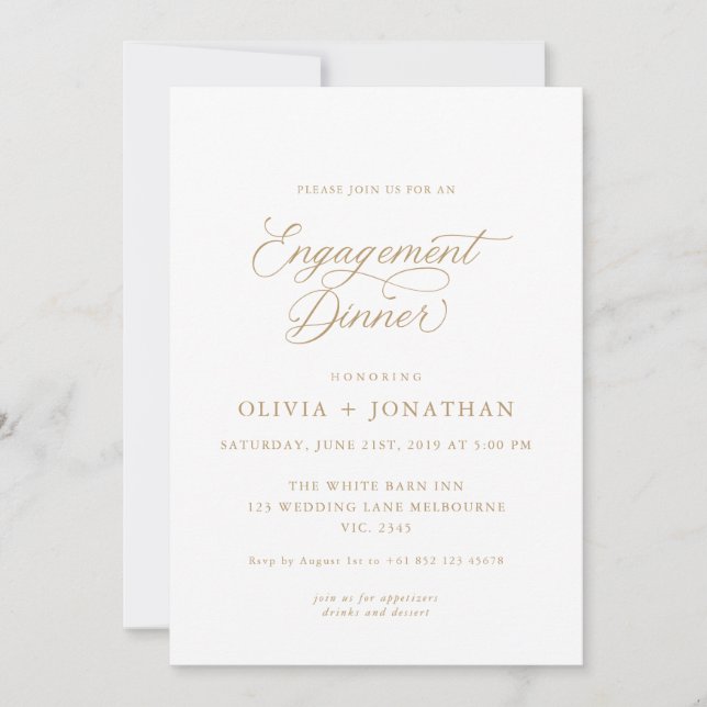 Invitación Cena Gold Elegant Modern Caligraphy Engagement (Anverso)