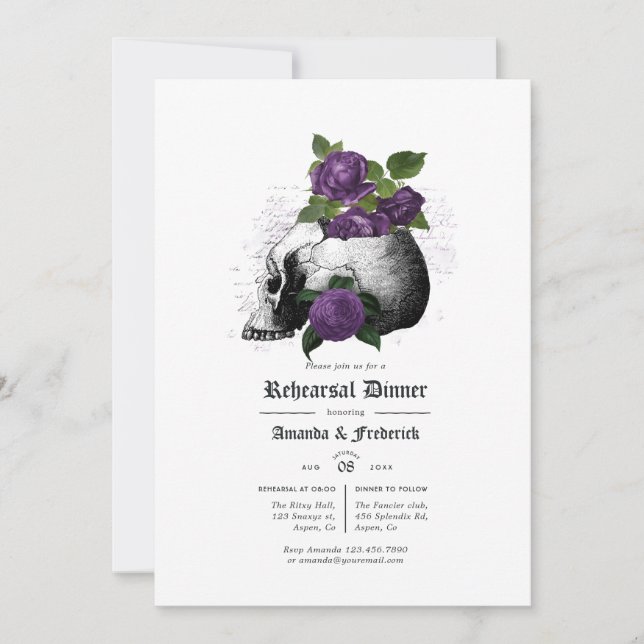 Invitación Cena gótica floral morada y negra (Anverso)