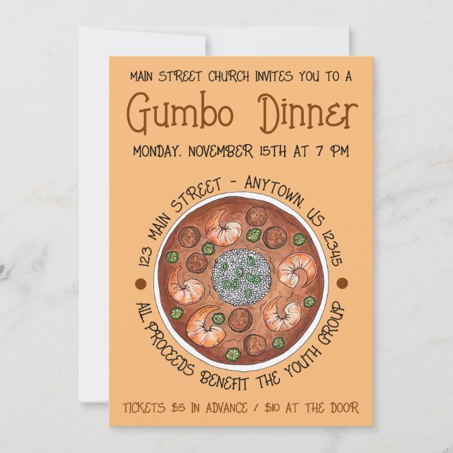 Invitación Cena Gumbo Louisiana LA New Orleans NOLA Food (Anverso)