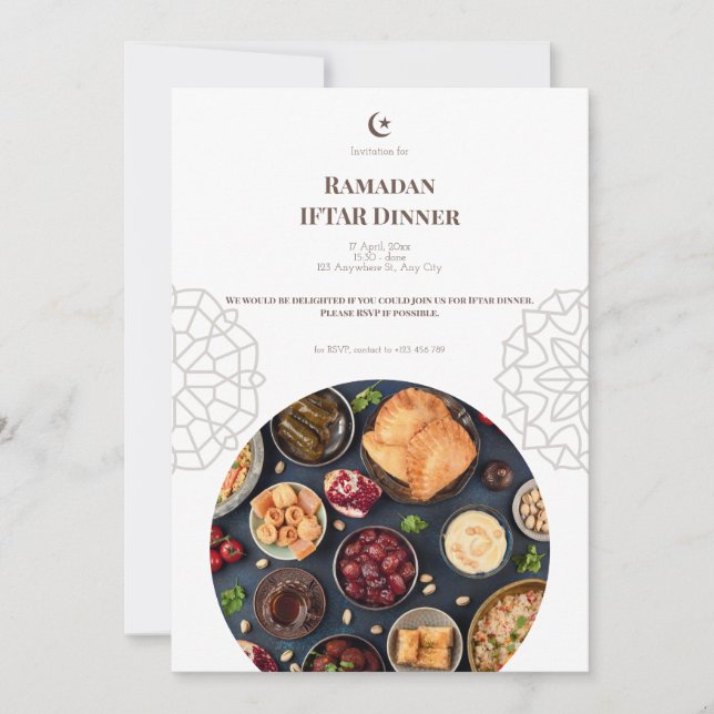 Invitación Cena Iftar de Ramadán blanco marrón (Anverso)
