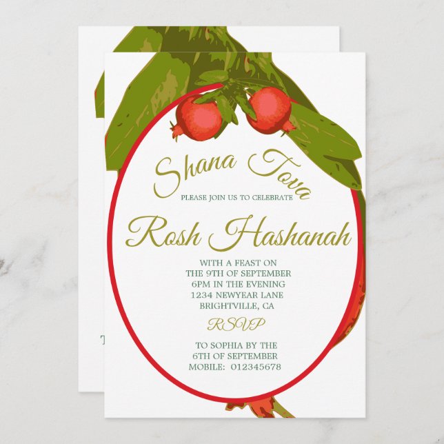 Invitación Cena judía de Año Nuevo Rosh Hashanah Pomegranate (Anverso / Reverso)