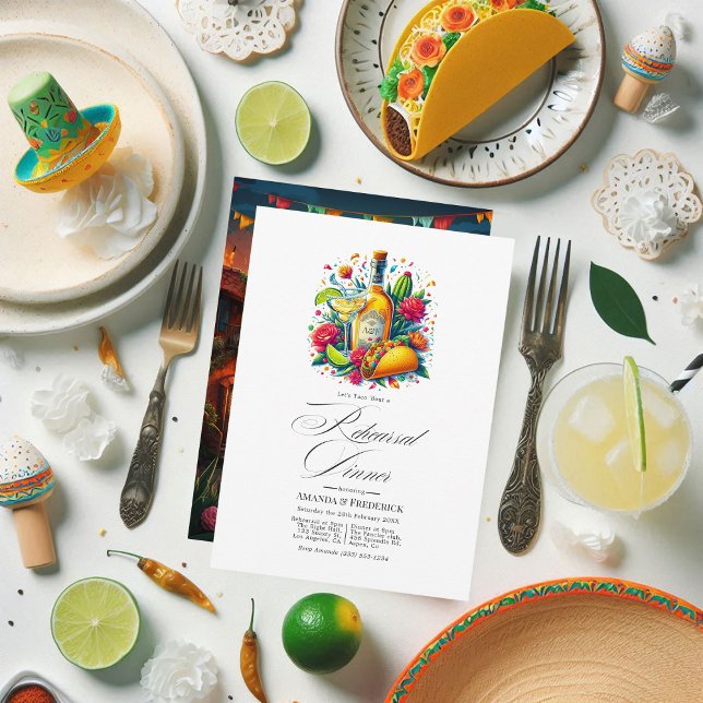 Invitación Cena mexicana de Fiesta Tacos y Tequila (Mexican Fiesta Tacos & Tequila Rehearsal Dinner Invitation)