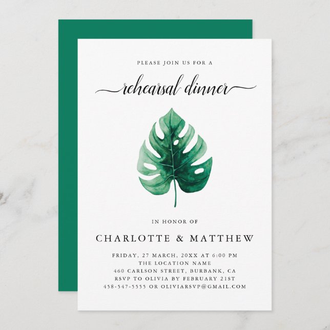 Invitación Cena mínima verde de hoja tropical (Anverso / Reverso)