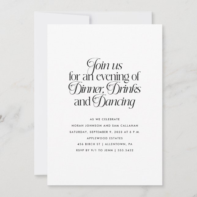 Invitación Cena minimalista, bebidas y baile (Anverso)