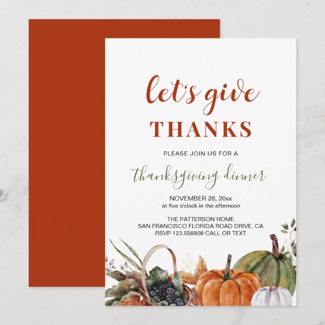 Invitación Cena Minimalista de Acción de Gracias (Anverso / Reverso)