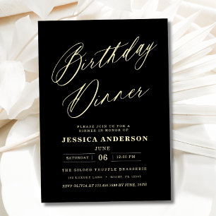 Invitación Cena minimalista de cumpleaños de color negro y or