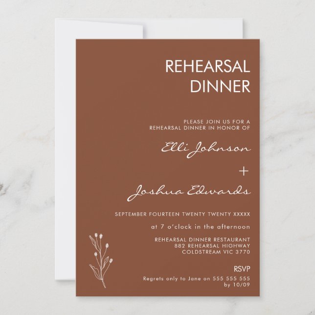 Invitación Cena minimalista de ensayo bohemio de terracota (Anverso)