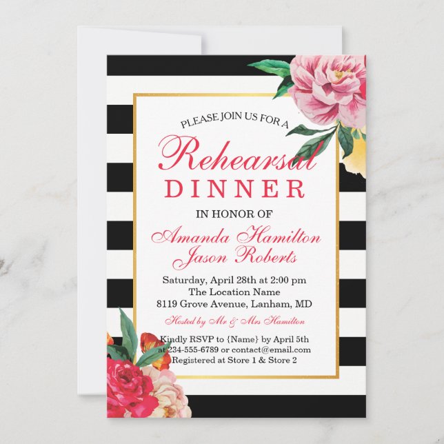 Invitación Cena moderna a rayas florales con peonía (Anverso)