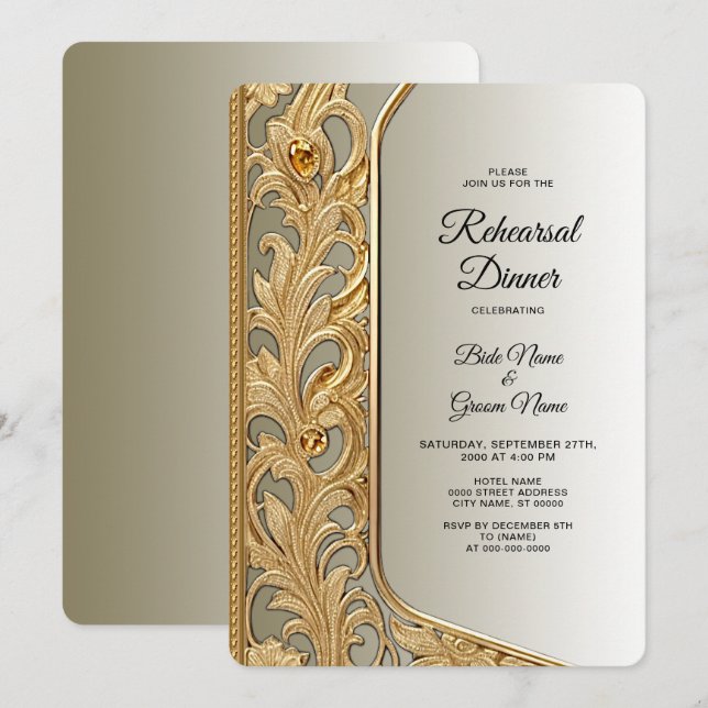 Invitación Cena moderna con ornato de oro (Anverso / Reverso)