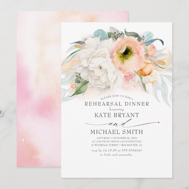 Invitación Cena moderna con sabor rosa y rosa Floral (Anverso / Reverso)