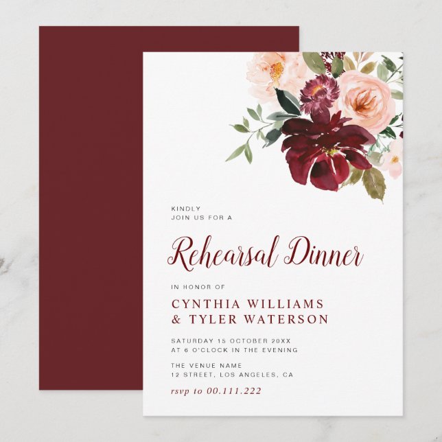 Invitación Cena moderna de ensayo de arbustos y flores de col (Anverso / Reverso)