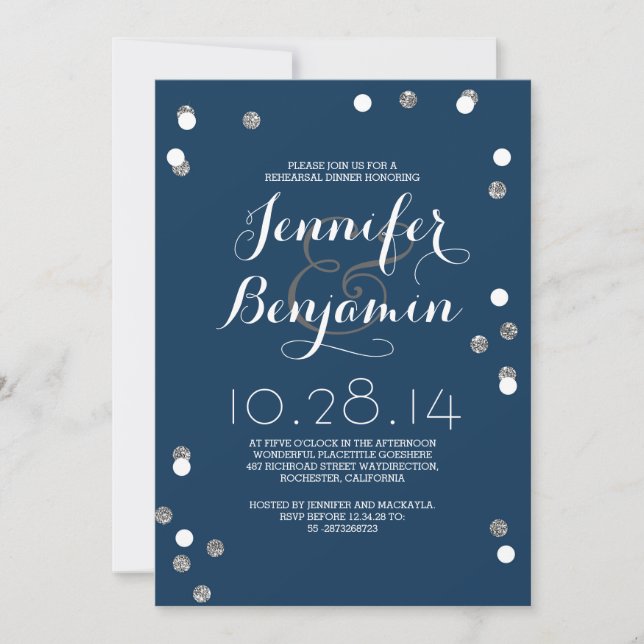 Invitación Cena moderna de ensayo de Navy & Silver Confetti (Anverso)