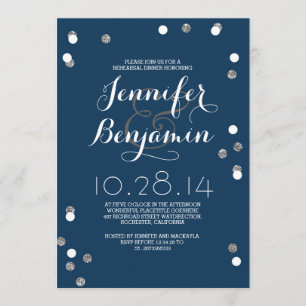 Invitación Cena moderna de ensayo de Navy & Silver Confetti