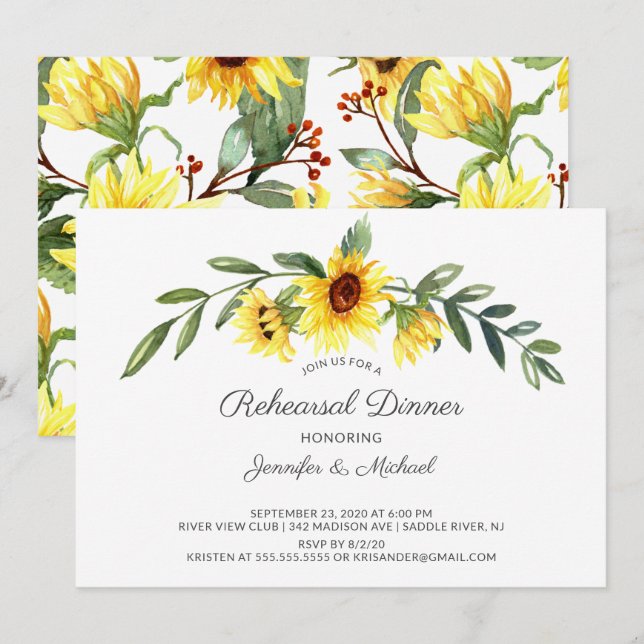 Invitación Cena moderna de girasoles amarillos (Anverso / Reverso)