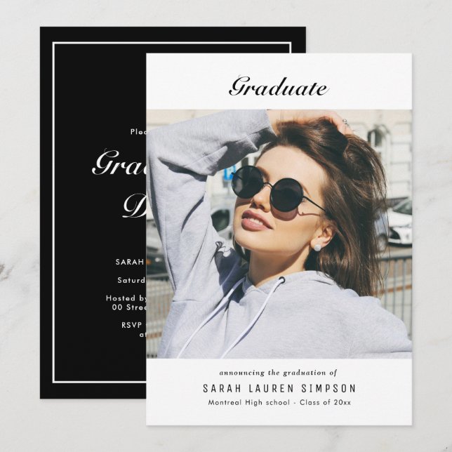 Invitación Cena moderna de graduación en blanco y negro (Anverso / Reverso)