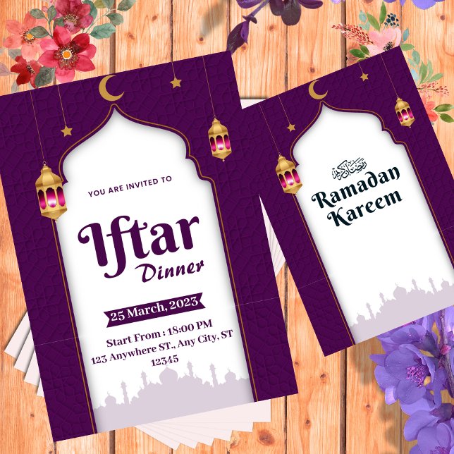 Invitación Cena moderna de Iftar morado blanco y dorado (Subido por el creador)