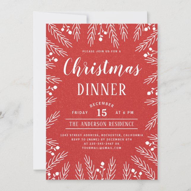 Invitación Cena moderna de Navidades florales rojos y blancos (Anverso)