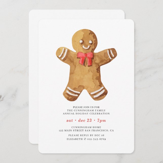 Invitación Cena navideña acuarela Gingerbread Man (Anverso / Reverso)
