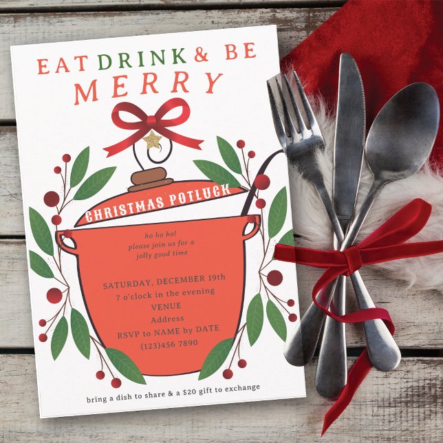 Invitación Cena Navideña de Comida y Bebida y Alégrate (Festive Eat Drink and Be Merry Christmas Potluck Invitation for Church Family Office Xmas Parties)