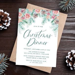 Invitación Cena Navideña de Pino y Cítricos en Acuarela