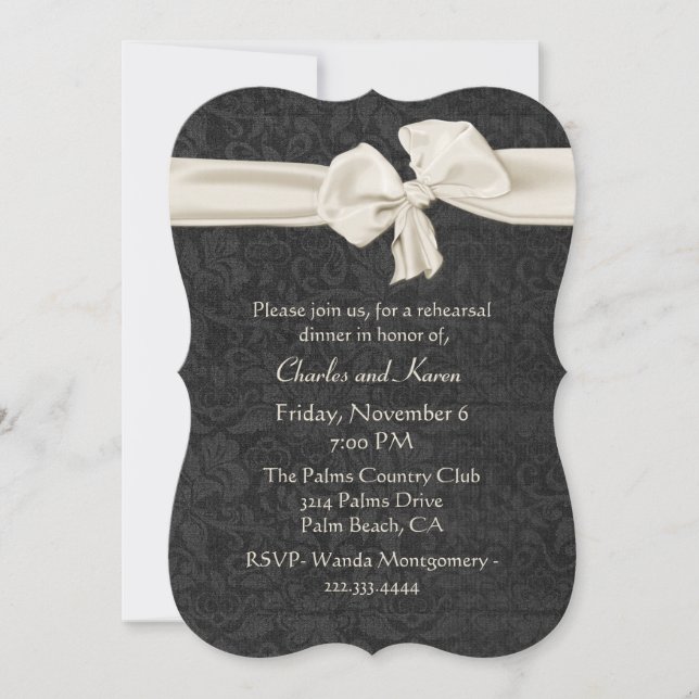 Invitación Cena negra y de marfil del ensayo de la boda (Anverso)