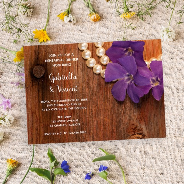 Invitación Cena periwinkle, perlas y madera barn (Subido por el creador)