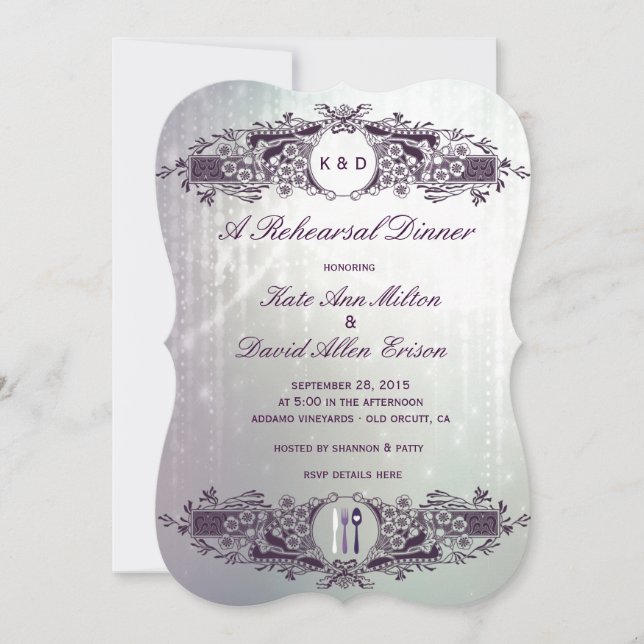 Invitación Cena púrpura adornada francesa del ensayo del (Anverso)