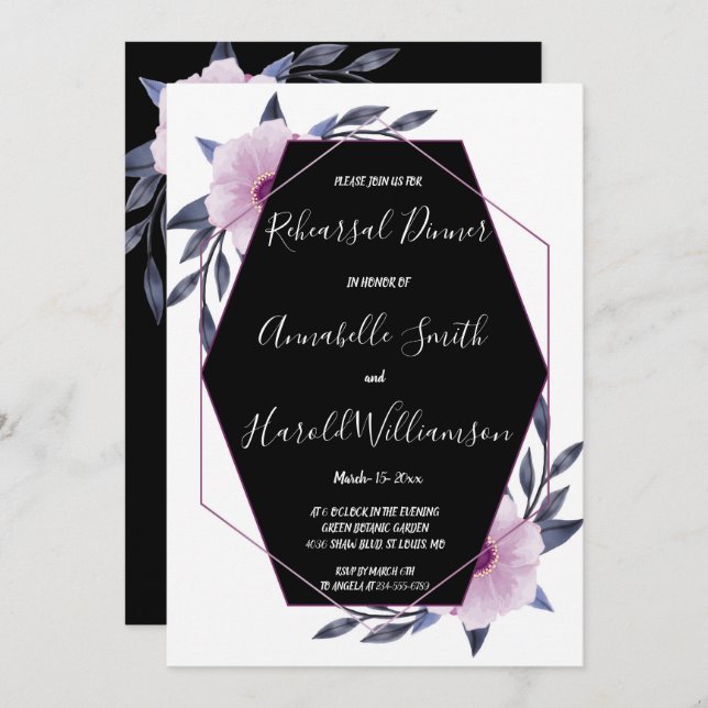 Invitación Cena púrpura del ensayo del marco geométrico (Anverso / Reverso)